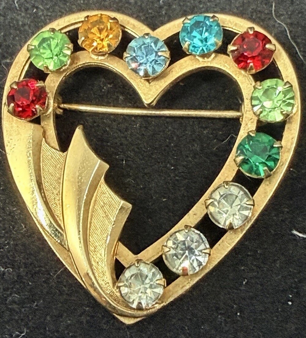 Vtg Signed Carl Art 12K Gold Filled Multicolored Rhinestone Heart Brooch Pin GF
